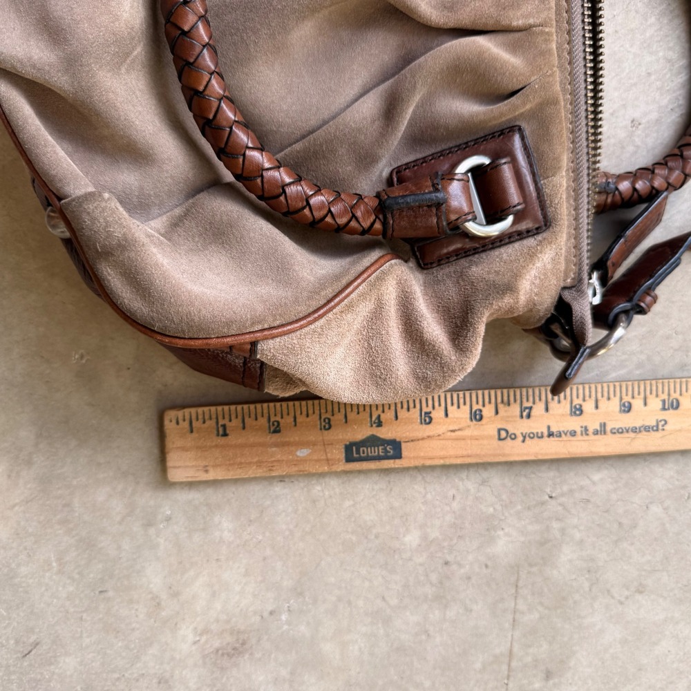 Banana Republic Suede Leather Satchel Bag Braided Handle Tan Brown Crossbody - Picture 5 of 6
